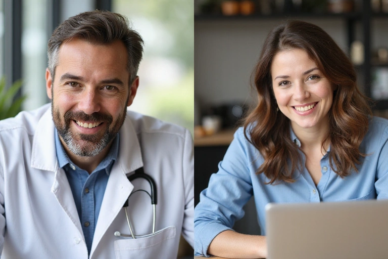 A nutritionist and client engaged in an interactive video call, discussing health and nutrition, with a friendly and professional demeanor.