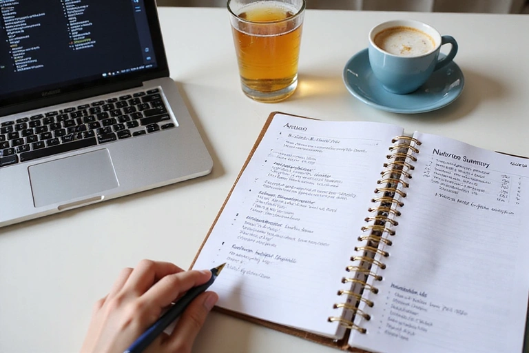 A hand writing notes in a planner next to a laptop displaying a nutrition summary and action plan.