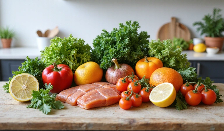 Fresh ingredients laid out on a kitchen counter, ready for meal prep