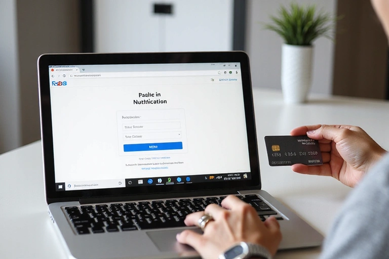 A person reviewing payment options for online nutrition services on a laptop, with a credit card nearby.